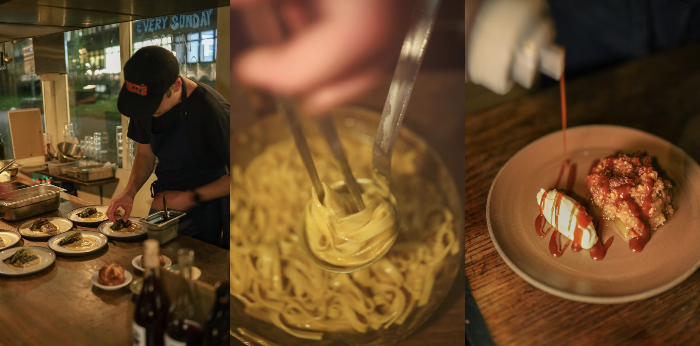 Chef plating, fresh pasta and caramel dessert at La Banchina in Copenhagen